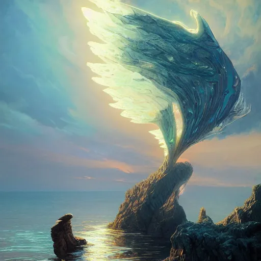 Image similar to illuminated tron wings in front sunset, cliffside ocean scene, backlit, diffuse lighting, hyper realistic, elegant, intricate, hyper detailed, smooth, sharp focus, concept art, illustration, trending on artstation, art by artem demura, greg rutkowski, james gurney, and alphonse mucha