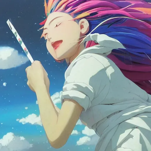 Prompt: a film still portrait of rainbow - haired goddess painting the earth, finely detailed features, closeup at the faces, perfect art, in space, gapmoe yandere grimdark, trending on pixiv fanbox, painted by greg rutkowski makoto shinkai takashi takeuchi studio ghibli, akihiko yoshida