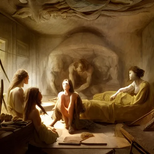 Prompt: isolation chamber of the prehistoric creators, in the style of David Geddes, Élisabeth Vigée Le Brun, dramatic lighting, establishing shot, detailed and clear beautiful realistic faces, 8k resolution – W 1024