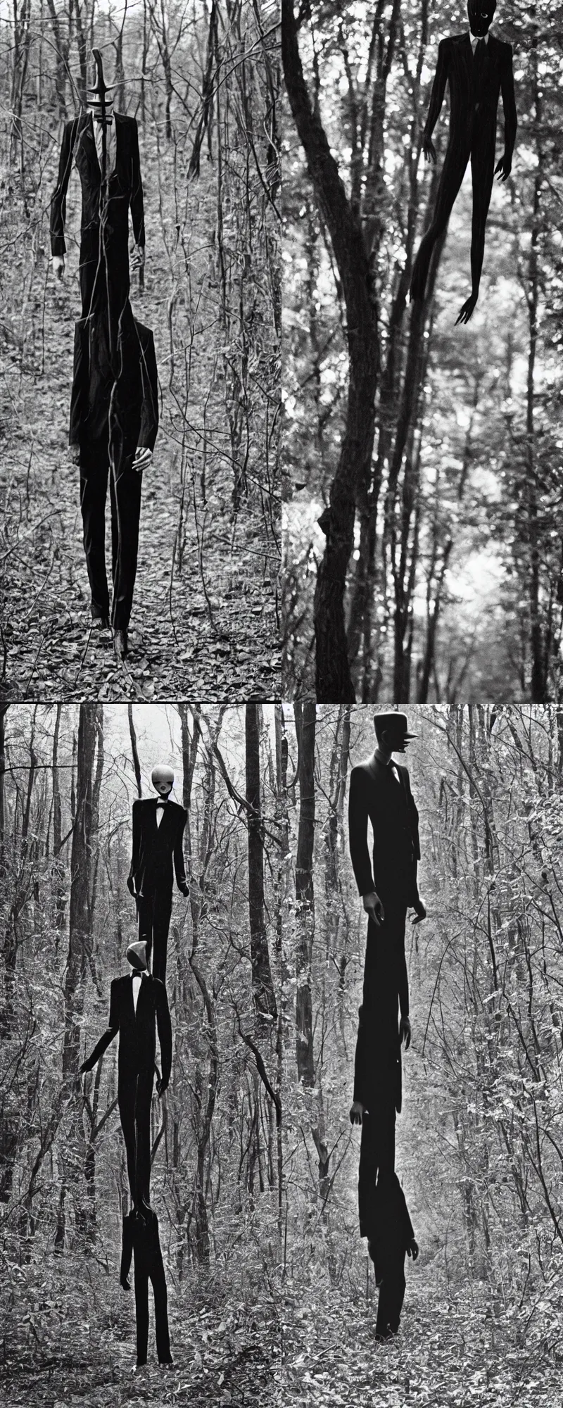 Prompt: Slenderman caught on trail cam Henri Cartier-Bresson,Tri-X ISO 400 film, 50mm F1. 2 Noctilux lens, shutter speed 1/125