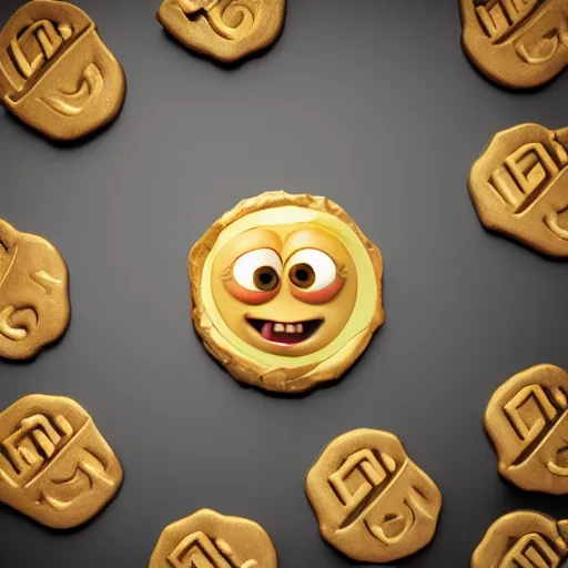 Image similar to luckys calls crypto logo golden cookie with big eyes, licking itself, big tongue, funny character from pixar, detailed 3d render, rim light