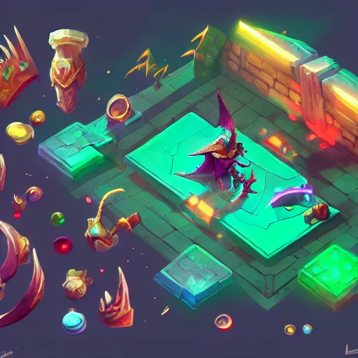 Image similar to Concept art of the new League of Legends Champion on Summoner's Rift, Isometric, Digital Painting, Bright Colors, Trending on Artstation, Character Reference Sheet