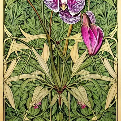 Image similar to potrait of an orchid mantis by William Morris, horizontal symmetry, exquisite fine details, Art Nouveau botanicals, deep rich moody colors