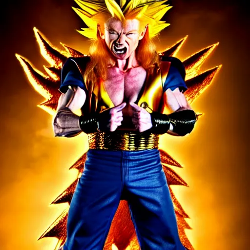 Image similar to uhd candid photo of hyperdetailed dave mustaine as a super saiyan. correct face, intricate costume, cinematic lighting, photo by annie leibowitz, and akira toriyama