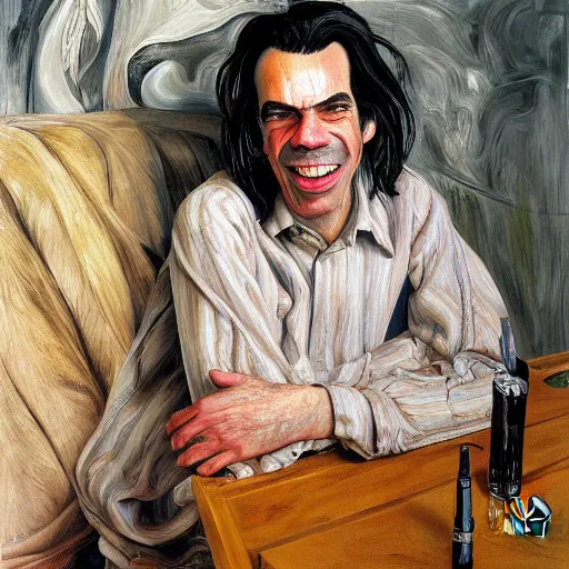 Prompt: high quality high detail painting by lucian freud, hd, smiling nick cave