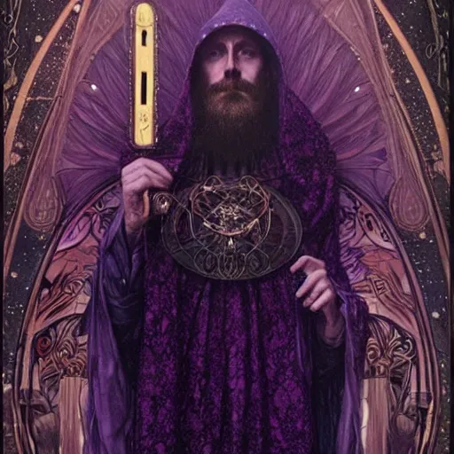 Image similar to middle aged man, in dark purple robes, occult , Tom bagshaw, sam spratt, Mayfield parish, Gustav Klimt, intricate, dark colors, art nouveau