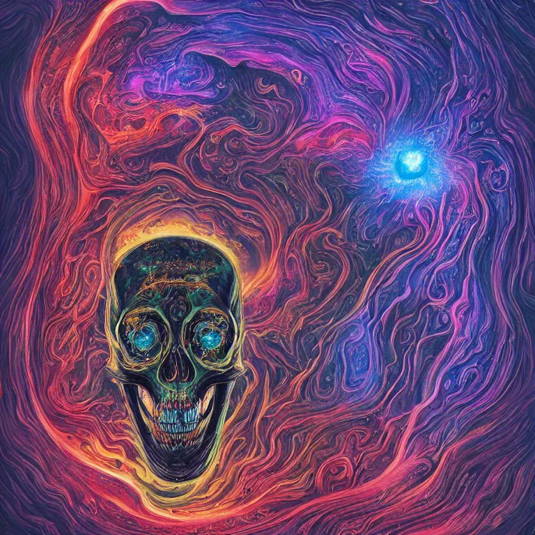 Prompt: a symmetrical composition of a giant skull with deep and intricate rune carvings and glowing eyes with thick lovecraftian tentacles emerging from a space nebula by dan mumford, twirling smoke trail, a twisting vortex of dying galaxies, digital art, vivid colors, highly detailed