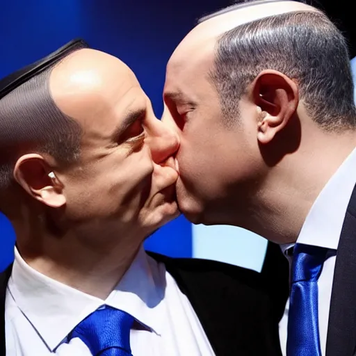 Image similar to benjamin netanyahu kissing naftali bennet, realistic, detailed