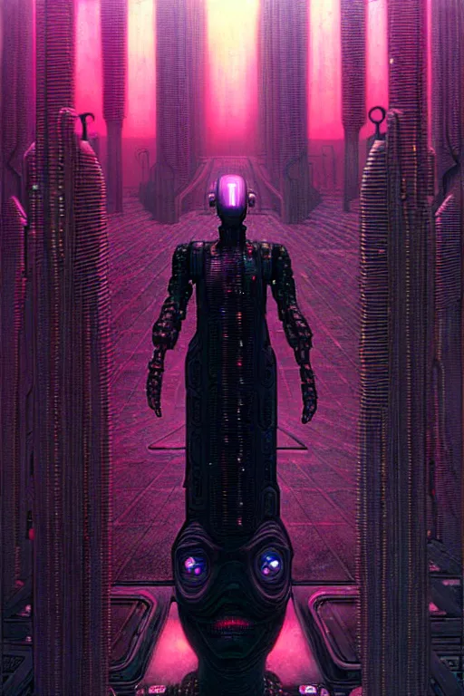 Image similar to a cyberpunk illustration, a godlike ai gains awareness by thomas ligotti and wayne barlowe