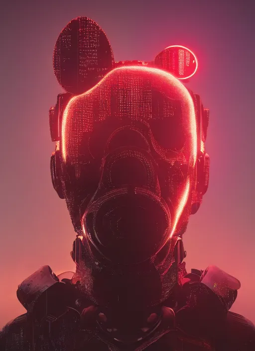 Image similar to giant destroyed head of cyberpunk mickey mouse, inside of netflix office, by beeple, dystopia, golden ratio, octane render, unreal engine 5, trending on artstation, 8 k