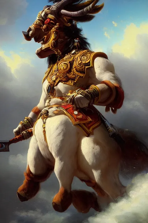 Prompt: oil painting of a tauren wearing full plate armor, in style of ivan aivazovsky, expressive face, detailed face, detailed eyes, full body, feminine face, tracer overwatch,