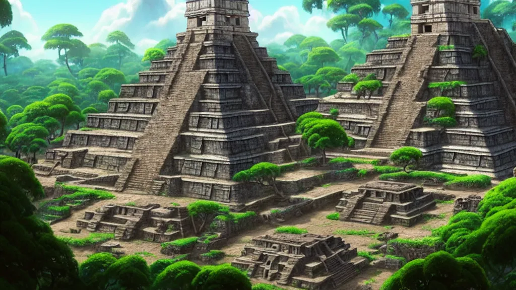 Image similar to ancient mayan ruins, studio ghibli, pixar and disney animation, sharp, rendered in unreal engine 5, highly detailed, digital painting, artstation, concept art, smooth, sharp focus, illustration, wide angle, artbook, wallpaper, splash art, promo art, dramatic lighting, art by artgerm and greg rutkowski and bo chen and jin xiaodi