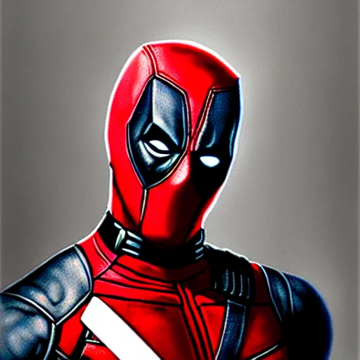Image similar to deadpool character in white red!!!, concept!!!, hyperrealistic, highly detailed, cinematic, volumetric sunlight, beautiful, cgssociety, artstation, 8 k, oil painting by greg rutkowski, by artgerm, by wlop