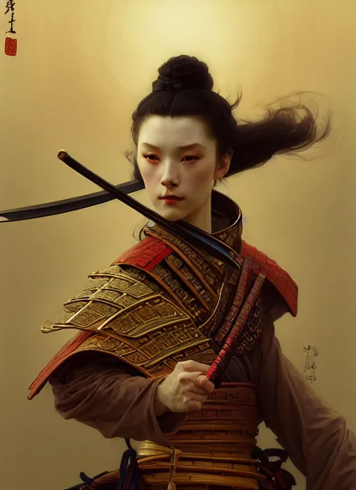 Image similar to samurai, diffuse lighting, fantasy, intricate, elegant, highly detailed, lifelike, photorealistic, digital painting, artstation, illustration, concept art, smooth, sharp focus, art by John Collier and Albert Aublet and Krenz Cushart and Artem Demura and Alphonse Mucha