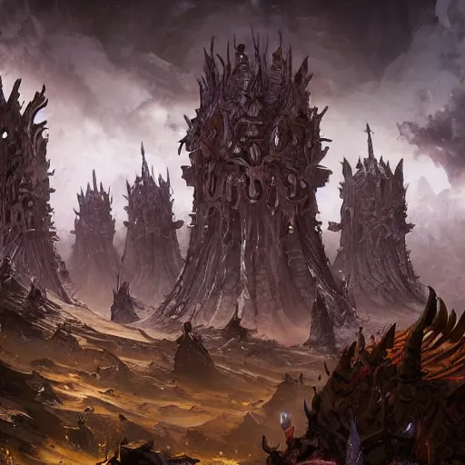 Image similar to a demon wall towers made of bones, walls, violet battlefield theme, dark art masterpiece artstation. 8 k, sharp high quality artwork in style of jose daniel cabrera pena and greg rutkowski, concept art by tooth wu, blizzard warcraft artwork, hearthstone card game artwork, wall made of bones