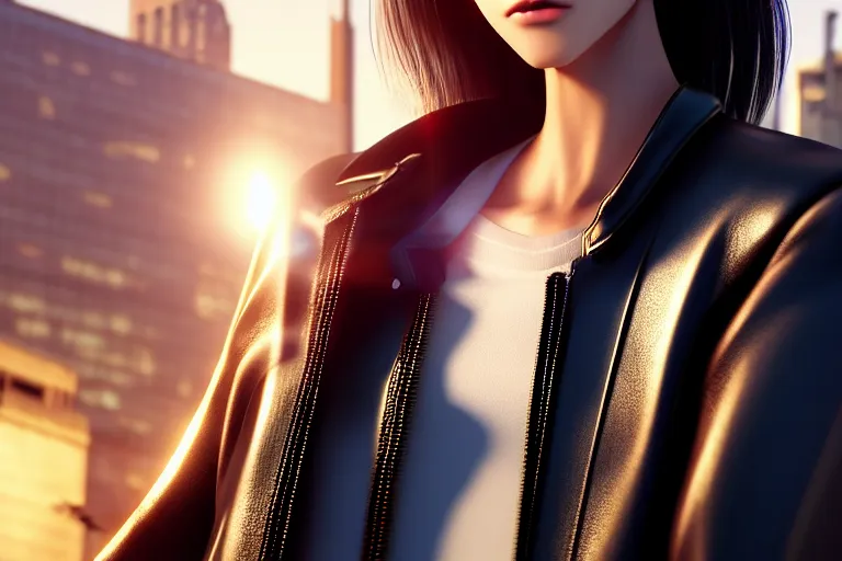 Prompt: extremely beautiful aesthetic girl with leather jacket in the urban city, occlusion shadow, specular reflection, rim light, unreal engine, octane render, artgerm, artstation, art by hiroaki samura and jiro matsumoto and yusuke murata, high quality, intricate detailed 8 k, beautiful shape of face and body, sunny day