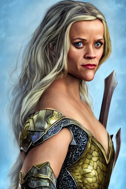 Image similar to A fantasy comic book style portrait painting of, hybrid of Reese Witherspoon, Rachel McAdams, as an Atlantean, Reptilian Warrior, Mystical Valkyrie, Armor, Sword, Spear, Sheild, François Boucher, Oil Painting, unreal 5, DAZ, hype realistic, octane render, Regal, Refined, Coherent, Detailed Digital Art, RPG portrait, William-Adolphe Bouguereau, Michael Cheval, Walt Disney (1937), Steampunk, golden dappled lighting, dynamic lighting, Highly Detailed, Cinematic Lighting, Unreal Engine, 8k, HD