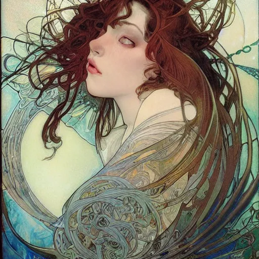Prompt: realistic detailed face portrait of The Morrigan by Alphonse Mucha, Ayami Kojima, Amano, Charlie Bowater, Karol Bak, Greg Hildebrandt, Jean Delville, and Mark Brooks, Art Nouveau, Neo-Gothic, gothic, rich deep moody colors