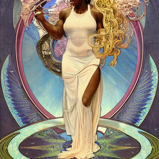 Prompt: realistic detailed full body portrait of Serena Williams in Nike gear as a Nike Goddess of Victory by Alphonse Mucha, large wings behind, Ayami Kojima, Amano, Charlie Bowater, Karol Bak, Greg Hildebrandt, Jean Delville, and Mark Brooks, Art Nouveau, Neo-Gothic, gothic, Tarot, Tarot card, swords, tarot swords, rich deep moody colors