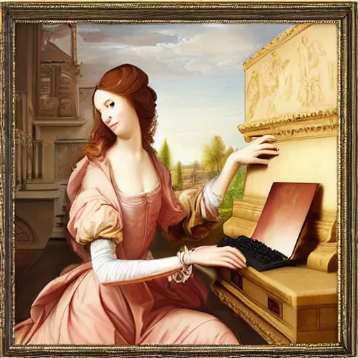 Image similar to renaissance oil painting, rococo, manga skinny female artist gestural painting brush freely giant wall size computer screen and keyboard