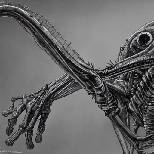 Image similar to xenomorph alien frog, eating a mosquito, alien by artist giger, bones background, intricate, concept art for movie, black and white colors, extreme detail, 4 k, detailed concept art, cgsociety, realistic lighting, sharp focus, backlit
