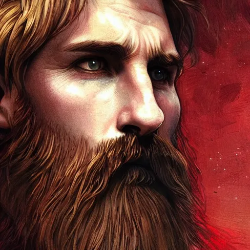 Image similar to Messi with a majestic beard, closeup, D&D, fantasy, intricate, elegant, highly detailed, digital painting, artstation, concept art, matte, sharp focus, illustration, art by Artgerm and Greg Rutkowski and Alphonse Mucha