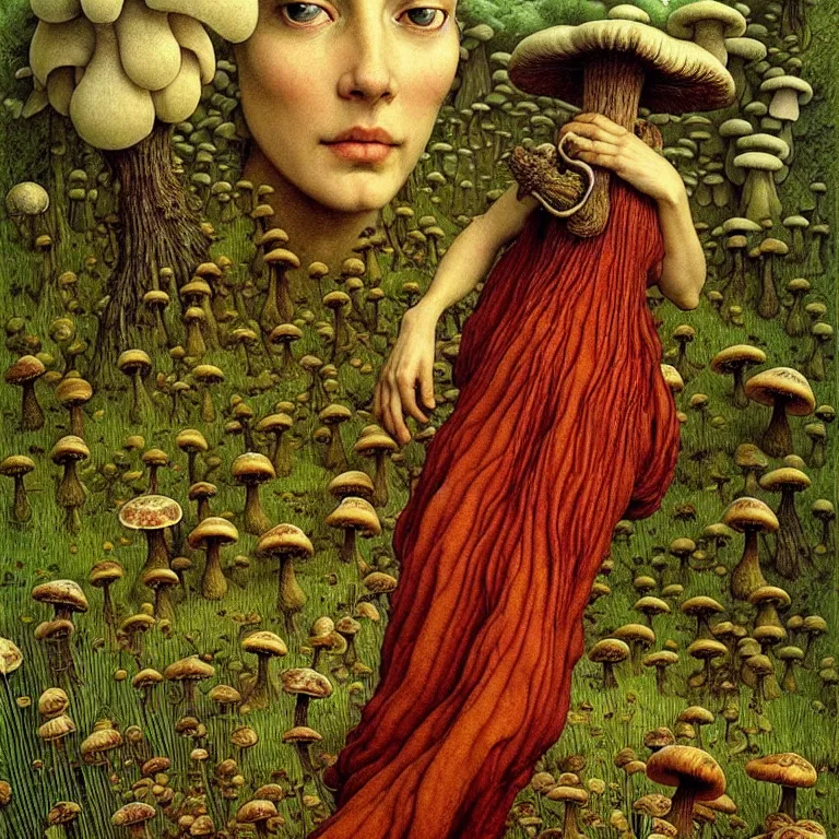 Prompt: A funguswoman stands among the mushroom hills. Lush mold. Wearing a fungus and mushroom. Perfect faces, extremely high details, detailed, realistic, fantasy art, solo, masterpiece, art by Zdzisław Beksiński, Arthur Rackham, Dariusz Zawadzki, Edward Robert Hughes, Eugene de Blaas, Frederic Leighton