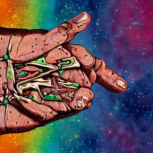 Image similar to cosmic hand eaten by cannibal ecclesial fraternity, intricate, aesthetic, artistic, 8 k resolution