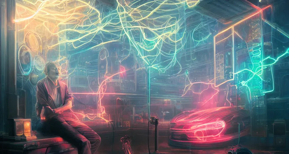 Prompt: nikolai tesla is caressed by bolts of electricity, digital art, intricate, dramatic lighting, neon colors, cinematic, holographic runes, art by tom bagshaw, artgerm, rutkowski