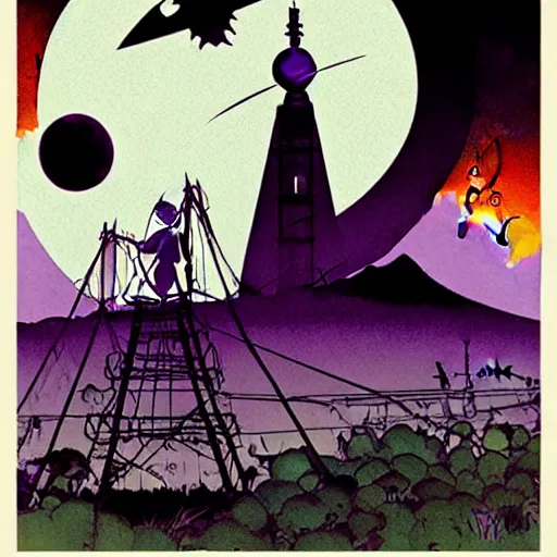 Prompt: artgerm, norman rockwell, abigail larson, purple color pallete, welcome to night vale, radio tower with black hole above it, spooky strange weird quirky