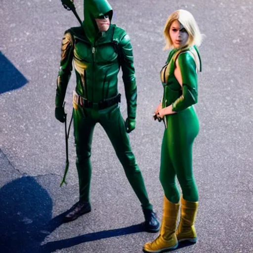 Image similar to film still of willa holland as an attractive female green arrow in the 2 0 1 7 film justice league, bleach blonde hair, focus - on - facial - details!!!!!!, minimal bodycon feminine costume, dramatic cinematic lighting, inspirational tone, suspenseful tone, promotional art