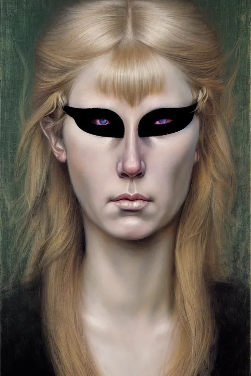 Image similar to hyper realistic portrait of blonde girl with an eyepatch in the style of wayne barlowe, gustav moreau, goward, bussiere, roberto ferri, santiago caruso, luis ricardo falero, austin osman spare