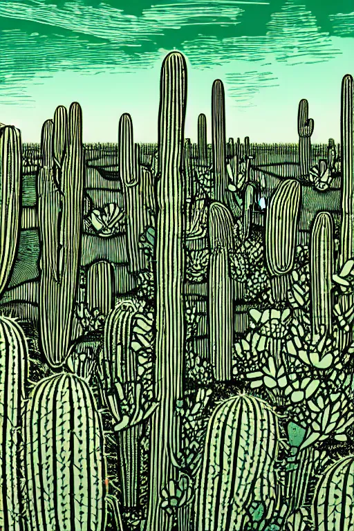 Prompt: a beautiful linocut print of a field of cacti, 8 k, frostbite 3 engine, cryengine, dof, trending on artstation, digital art, crepuscular ray, by brian reedy