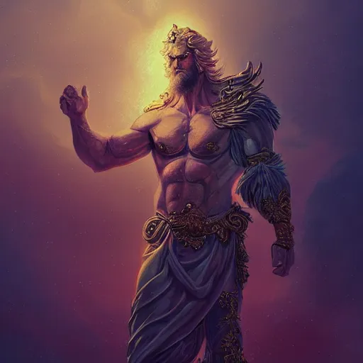 Prompt: Character concept art, Digital Paint, Zeus, God, Character Design, Digital Art, Gold Light, Blue Mist, 8K, insanely detailed and intricate, ornate, hyper realistic, super detailed, Cloudy background, Trending on Artstation, in the style of James Jean