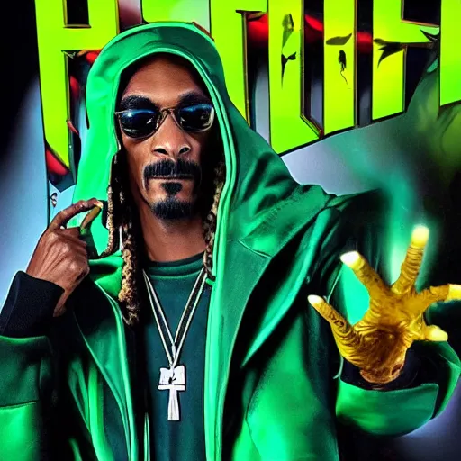 Image similar to Snoop Dogg starring as a futuristic Marvel Super Hero holding green fire for a 2019 Marvel Movie, Studio Photograph, portrait C 12.0