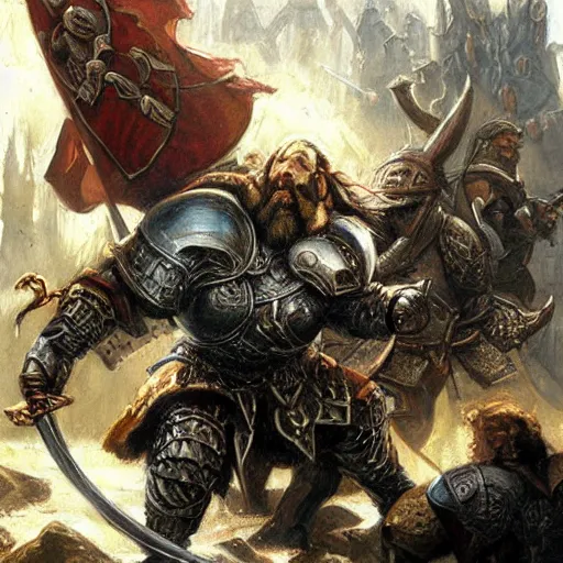 Prompt: Dwarven iron guard fighting a dragon. Thorin. The lord of the rings. Epic painting by james gurney.