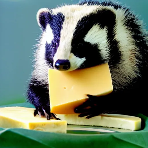 Image similar to happy badger eating a huge piece of cheese, beautiful professional photography, 8 k hd, 3 5 mm film,