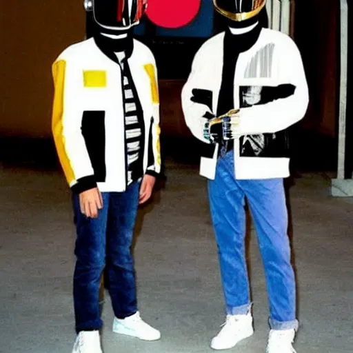 Image similar to Daft Punk with Marty McFly clothes with the Delorean, 80s style