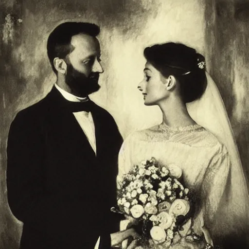 Prompt: 1 8 8 9, a portrait of newly weds ( jean reno and audrey hepburn ) by josef sudek, award winning, trending on artstation. com, pinterest. com