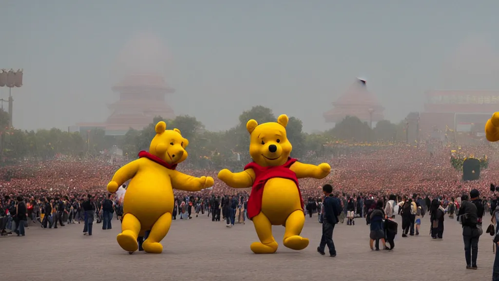 Image similar to giant winnie the pooh bear walking in the tiananmen square parade. andreas achenbach, artgerm, mikko lagerstedt, zack snyder, tokujin yoshioka