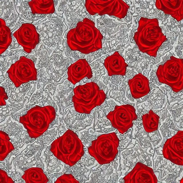 Prompt: a digital painting of medieval floor tiles, alternating red and white with images of heraldic roses, highly detailed, digital art, artstation hd