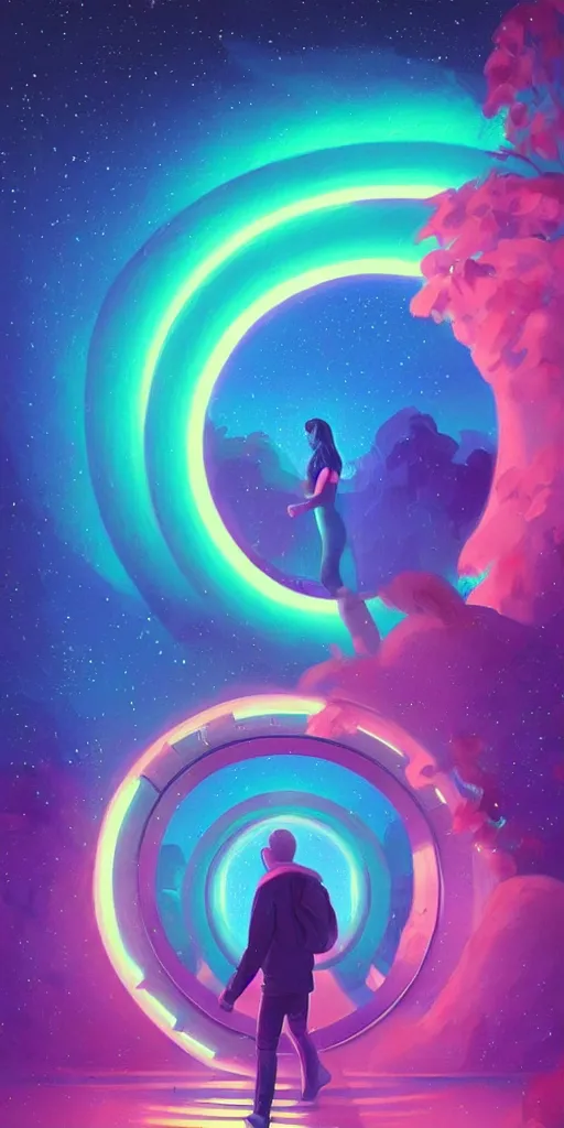 Image similar to a beautiful painting of a person walking out of a stargate by sylvain sarrailh 8 k particulate neon light film grain