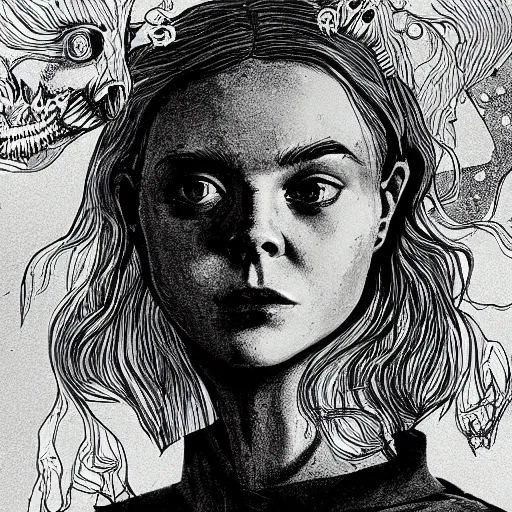 Image similar to Elle Fanning in the illustrated world of Dark Souls, head and shoulders masterpiece, apocalypse, golden hour, cosmic horror, artstation, in the style of Tove Jansson, extremely detailed