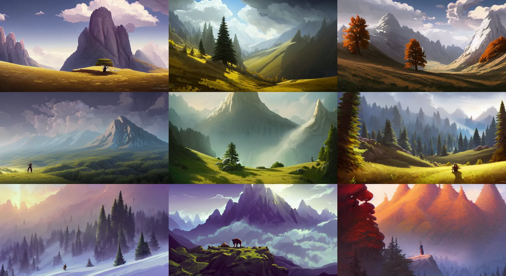 Prompt: mountain landscape without people, high trees, top of the hill, above low layered clouds, deep focus, fantasy, intricate, elegant, highly detailed, digital painting, artstation, concept art, matte, sharp focus, illustration, hearthstone, art by rhads and artgerm and greg rutkowski and alphonse mucha.