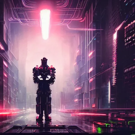 Image similar to cyberpunk cyborg bionic neon lights electricity sparks napoleon royal digital throne greg rutkowski