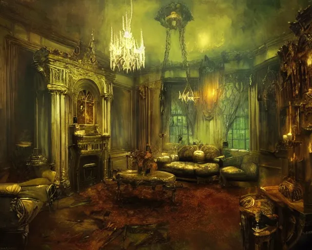 Prompt: gothic mansion room, ornate, magical, elegant, artwork, paint, complimentary colors, bastien lecouffe - deharme, by jeremy mann, by alexander fedosav