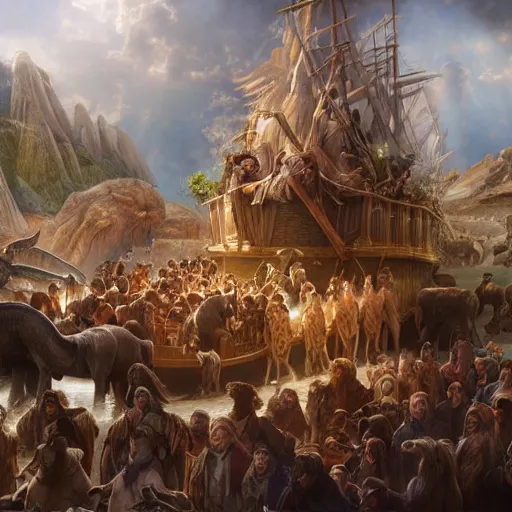 Image similar to an extremely detailed matte painting of the animals boarding noah's ark, 4 k, noah from the bible as a wizard, antediluvian, art by artgerm and greg rutkowski and alphonse mucha, in the style of epic fantasy