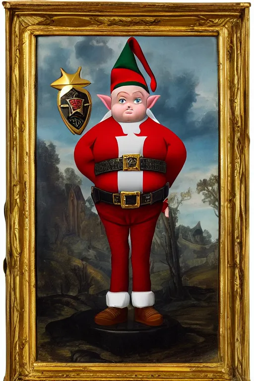 Image similar to high fantasy elf mall cop with a sheriff's badge that is fat, shifty, 1500s Oil Portrait, Carvagio, 8K scan