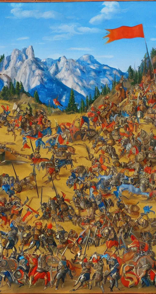 Image similar to colorful simple wideshot of a small medieval battle in front of a beautiful large blue mountainscape, painting