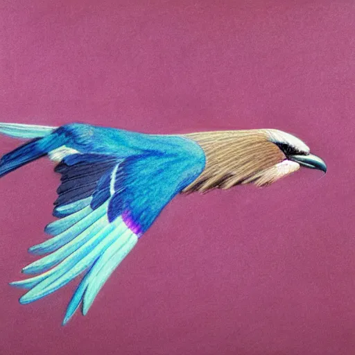 Image similar to a color pencil drawing of an lilac - breasted roller flying away by natalia rojas and ana maria martinez jaramillo, pastel color, wingspan, high quality, artstation, 4 k, realism, ultra realistic, fine art, white background, professionnal work